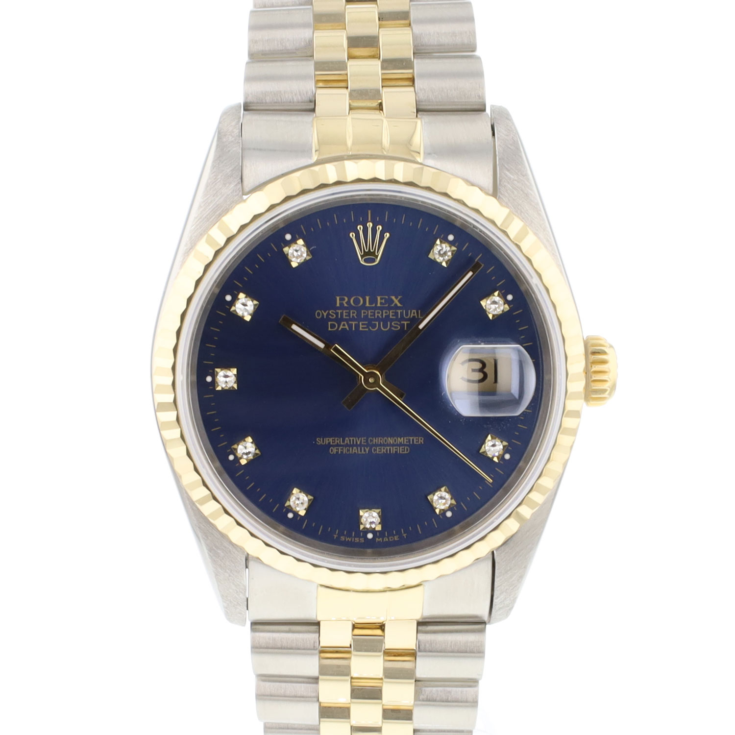 Datejust 36 Steel Gold Jubilee Fluted Blue Diamond Dial Rolex